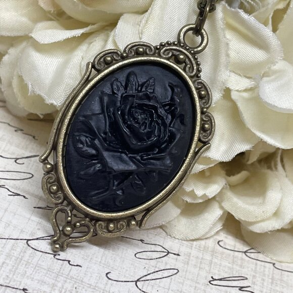 Halloween Gothic Viking Gift Birthday Bronze Necklace Black Rose Cameo  Jewelry - Picture 5 of 9